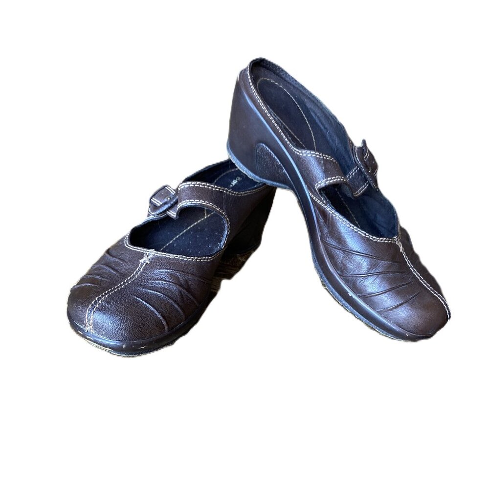BareTraps Brown Leather Mary Jane  Wedge Clogs Mules Size 9